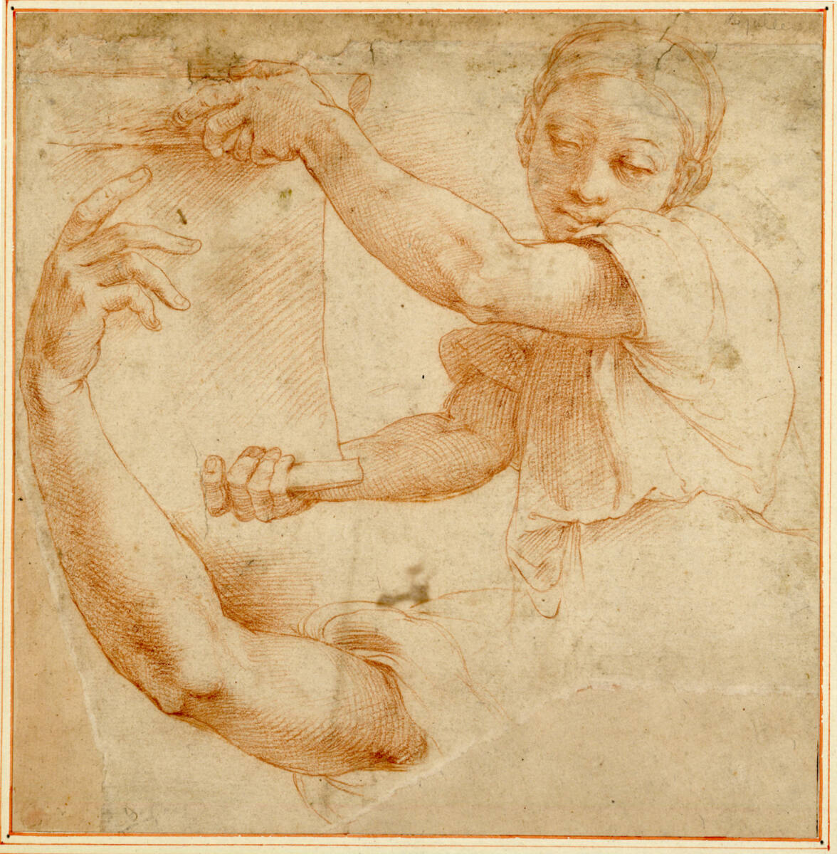 Studien zu einem Engel und einem erhobenen rechten Arm (Studien für das Sibyllenfresko, S. Maria della Pace, Rom), Raphael, 1510–1511