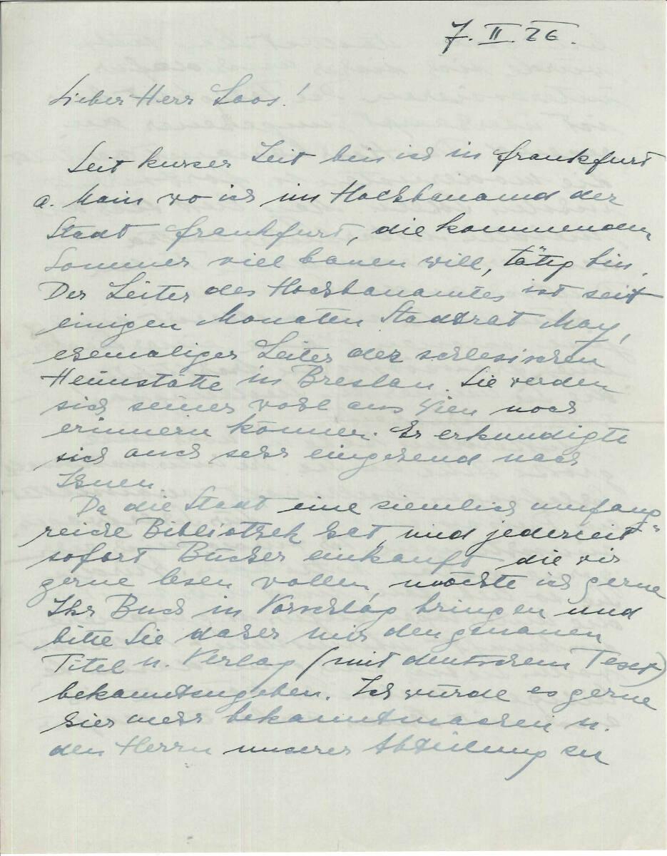 Brief von Margarete Lihotzky, Frankfurt am Main, Rathaus, Hochbauamt, Abteilung T. B., an Adolf…