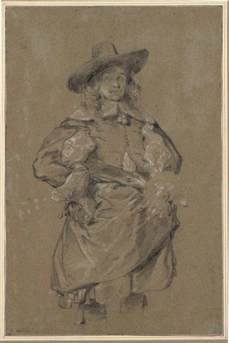 Gabriel Metsu, Proträt eines Mannes mit langem Haar und Hut, den Mantel um die Hüfte geschlunge…