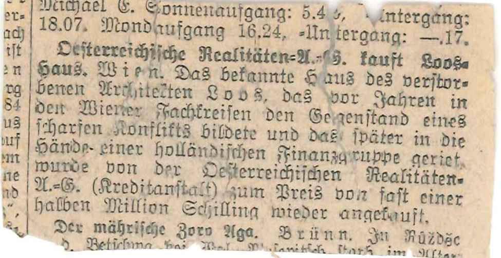 Zeitungsartikel „Österreichische Realitäten-A.-G. kauft Loos-Haus. Wien.“, unbekannte Zeitung, …