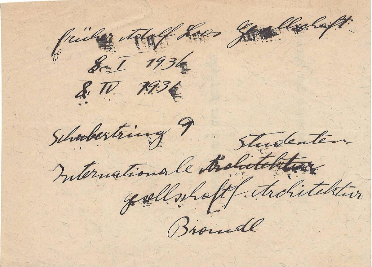 Notiz, „früher Adolf Loos Gesellschaft: am 8. Jänner 1936 8. April 1936 Titel geändert in Inter…