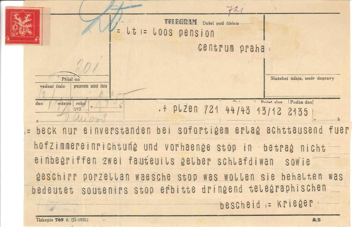 Telegramm von Norbert Krieger, Pilsen, an Adolf Loos, Pension Centrum Praha, Inv. Nr.: ALA3760