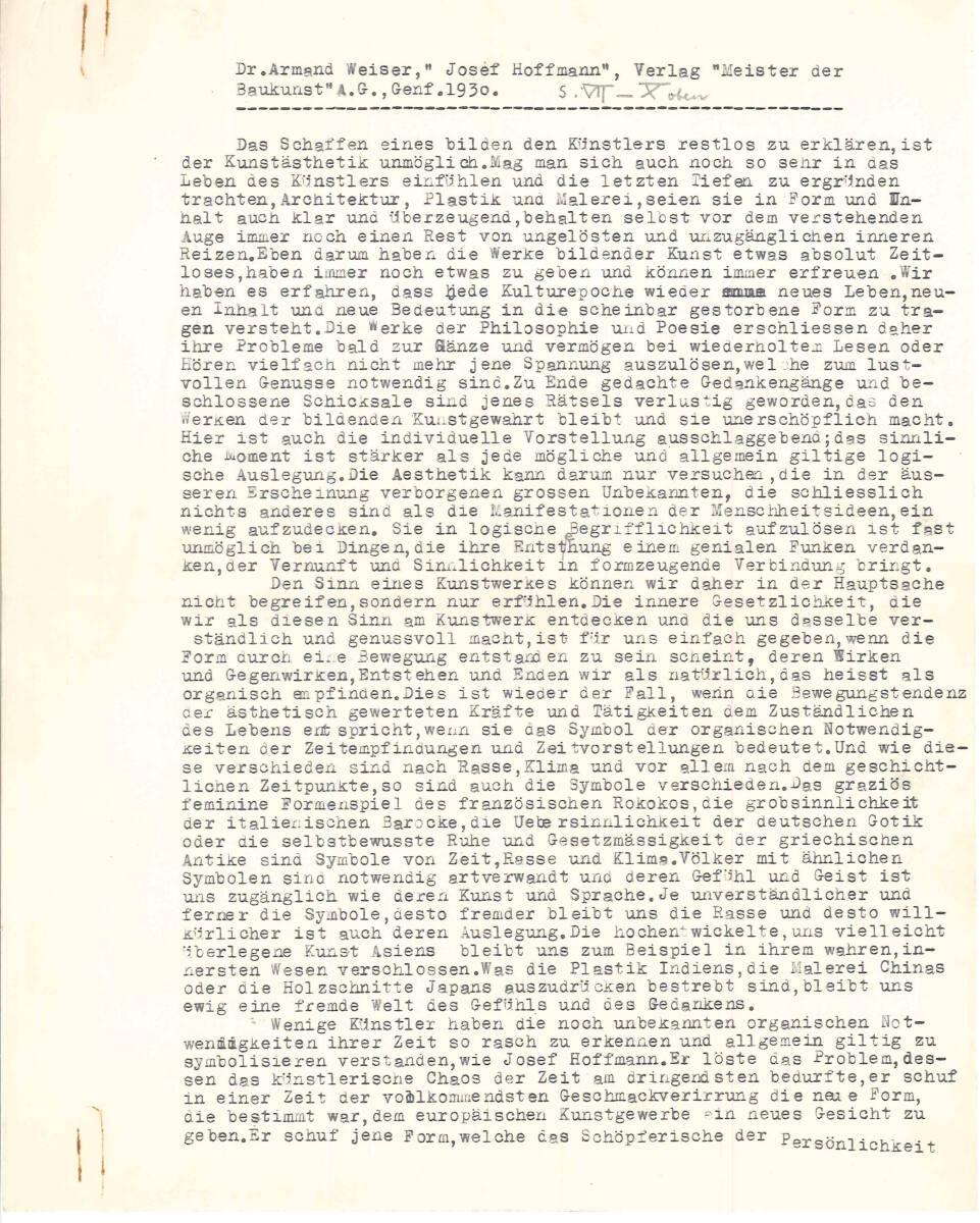 Text „Josef Hoffmann“ von Dr. Armand Weiser, Verlag „Meister der Baukunst“, A. G., Genf. 1930. …