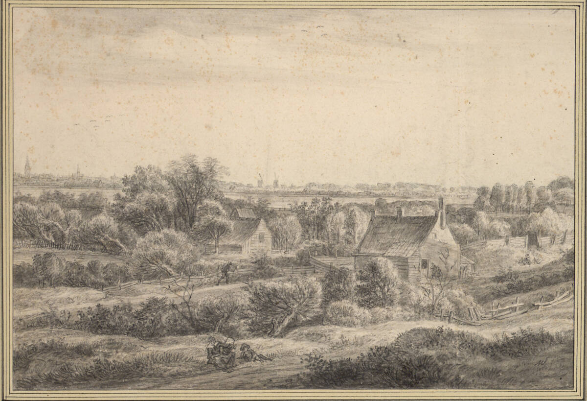 Baumreiche Panoramalandschaft mit einer Stadt am Horizont, Antonie Waterloo