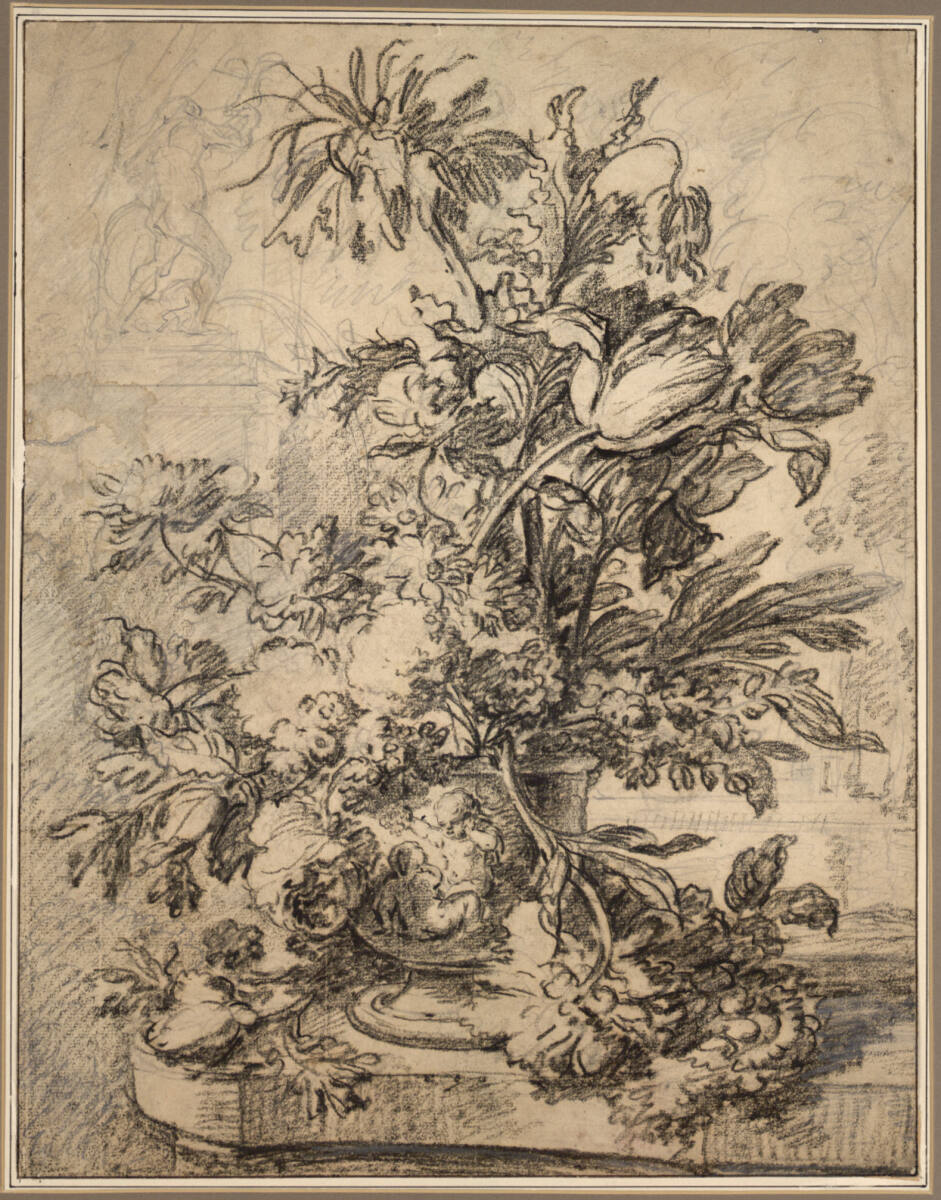 Blumenstillleben - Vase mit Puttenrelief, dahinter ein Brunnen und Parklandschaft, Jan van Huysum