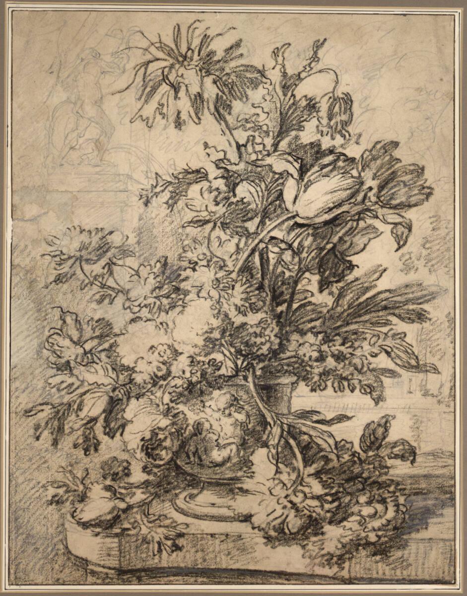 Jan van Huysum, Blumenstillleben -  Vase mit Puttenrelief, dahinter ein Brunnen und Parklandsch…