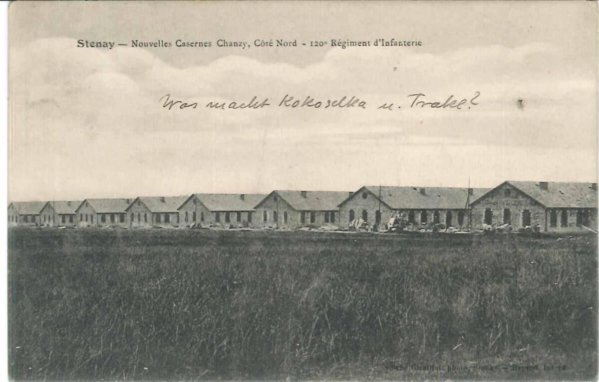 Postkarte „Stenay – Nouvelles Casernes Chanzy, Core Nord – 120 Regiment d’Infanterie" von Gusta…