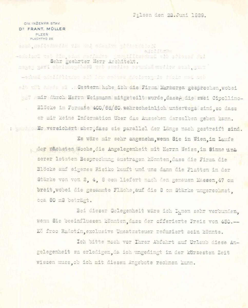 Brief von Dr. Frantisek Müller, Pilsen, Pachyho 26, an Adolf Loos, betreffend Haus Müller in Pr…