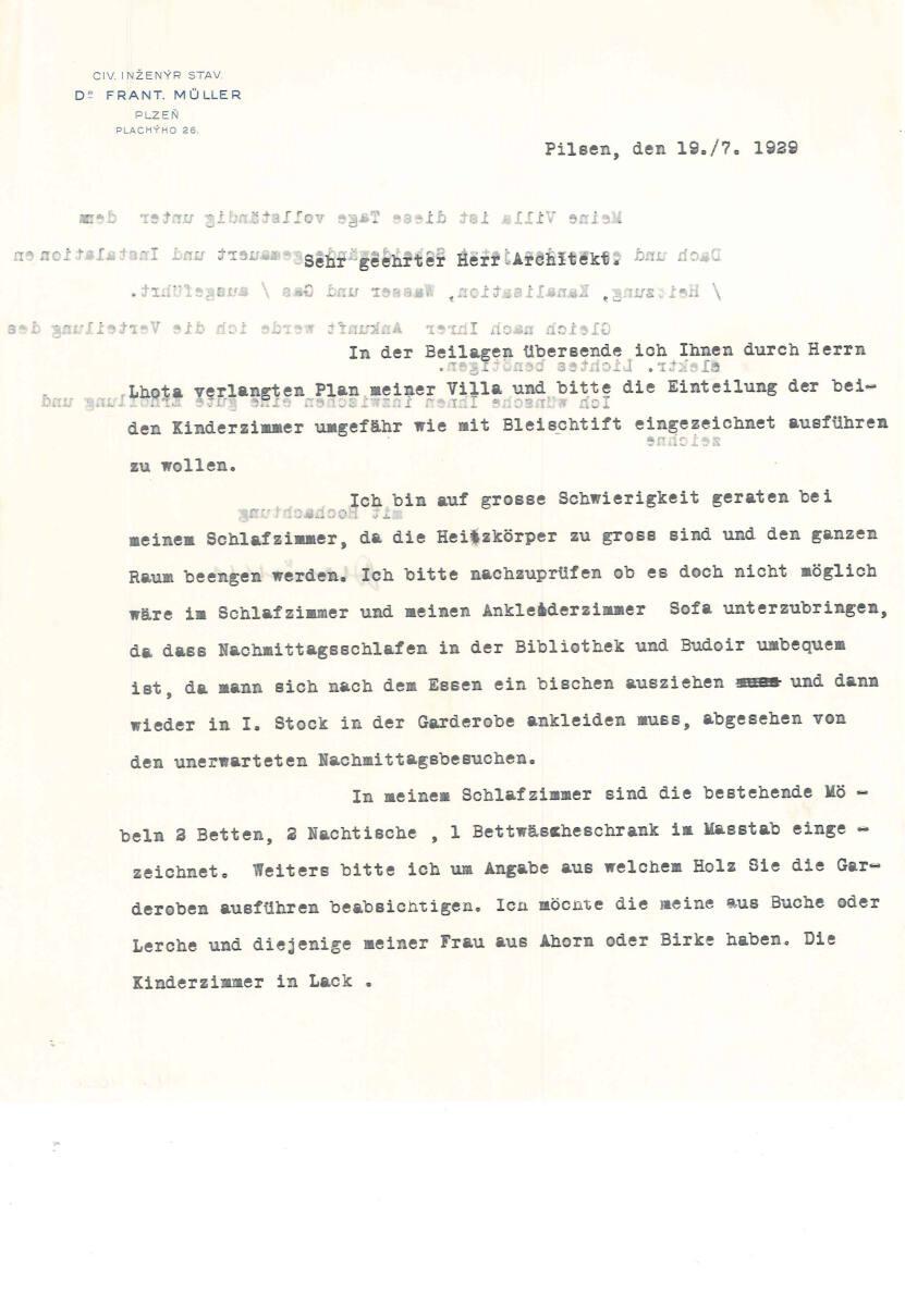 Brief von Dr. Frantisek Müller, Pilsen, Plachyho 26, an Adolf Loos, betreffend Haus Müller in P…
