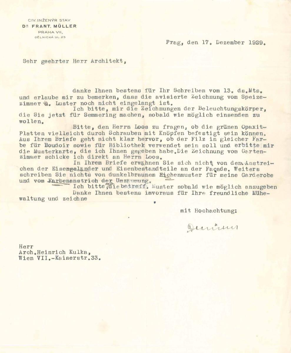 Brief von Dr. Ing. Frantisek Müller, Pilsen, Benešovo nám. 3, an Heinrich Kulka, Wien VII., Kai…
