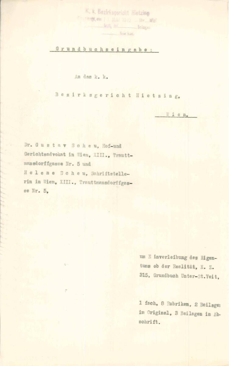 Grundbucheingabe von Dr. Gustav Scheu, Hof- un Gerichtsadvokat in Wien XIII., Trauttmansdorffga…
