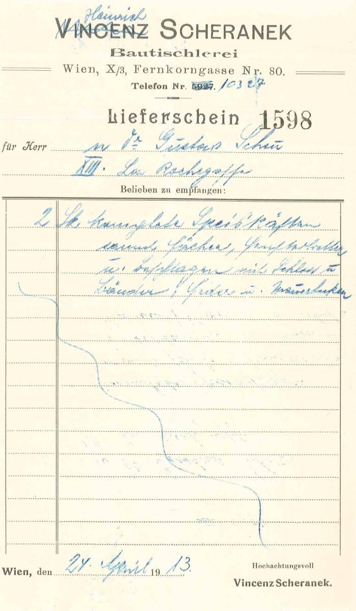 Lieferschein der Firma Heinrich Scheranek, Bautischlerei, Wien X., Fernkorngasse 80, für das Ha…