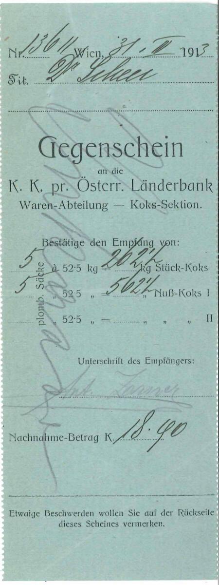 Gegenschein von Kais. Kön. privilegierte Österreichische Länderbank an Gustav Scheu, betreffend…