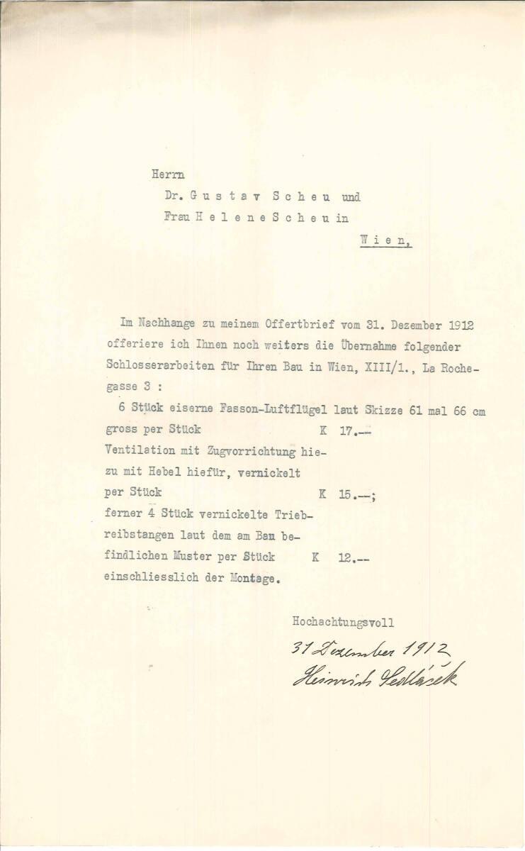 Angebot von Schlosser Heinrich Sedlacek für Herrn Gustav Scheu und Frau Helene Scheu, Wien XIII…