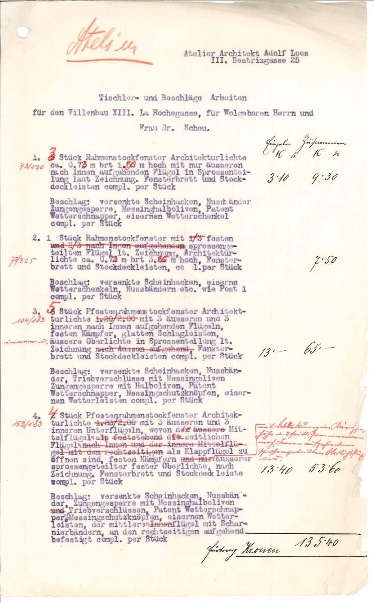 Angebot von Josef Hadamek an das Atelier Adolf Loos, Wien III., Beatrixgasse 25, betreffend Tis…