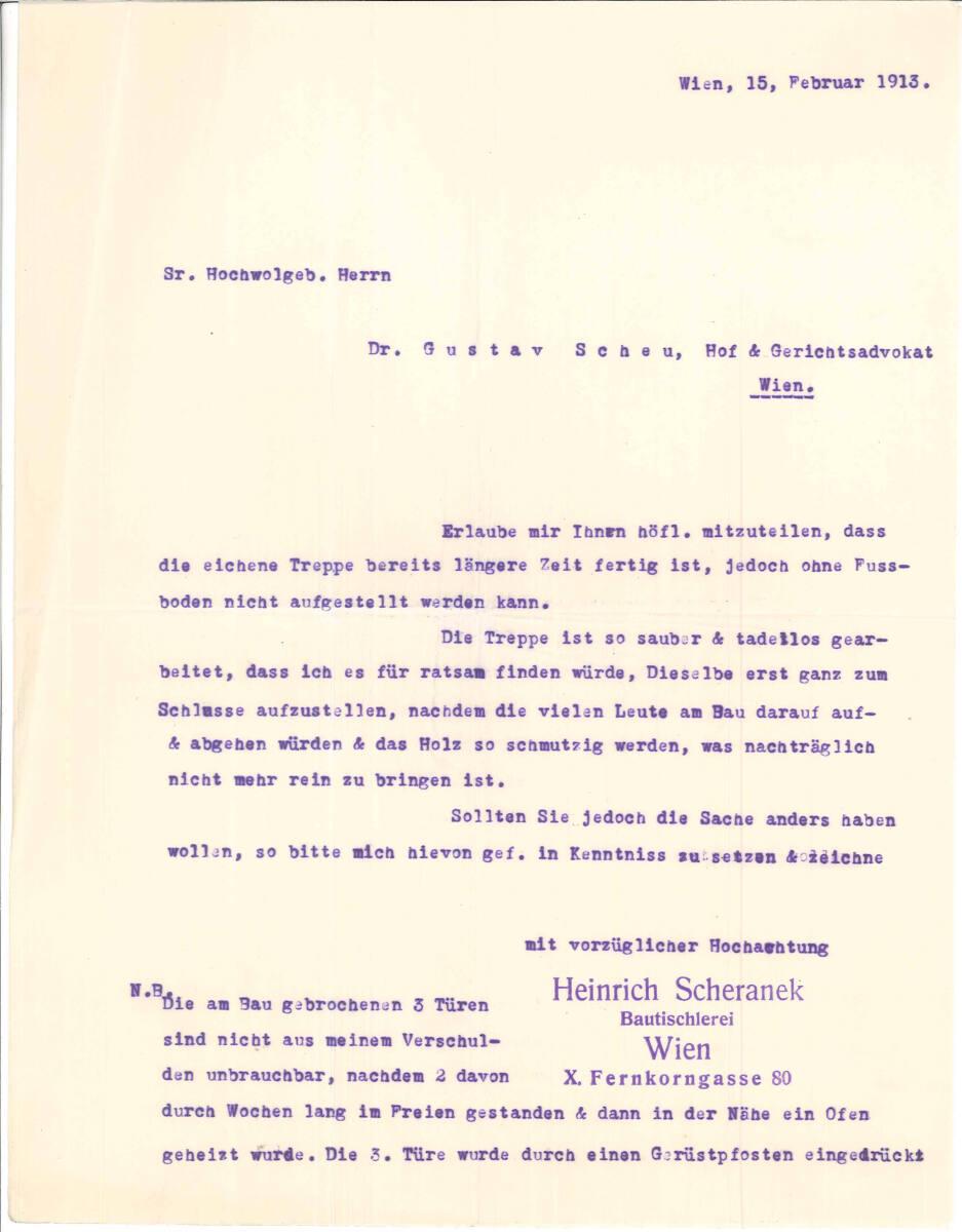 Brief von Bautischler Heinrich Scheranek, Wien X., Fernkorngasse 80, an Gustav Scheu, betreffen…