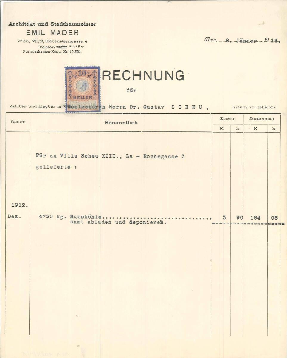 Rechnung von Architekt und Stadtbaumeister Emil Mader, Wien VII., Siebensterngasse 4, betreffen…