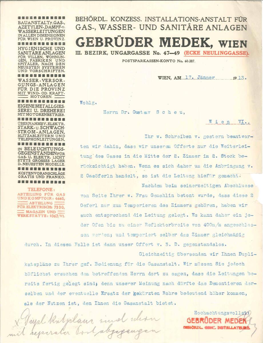 Brief von Installateurfirma Gebrüder Medek, Wien III., Ungargasse 47-49, an Gustav Scheu, betre…