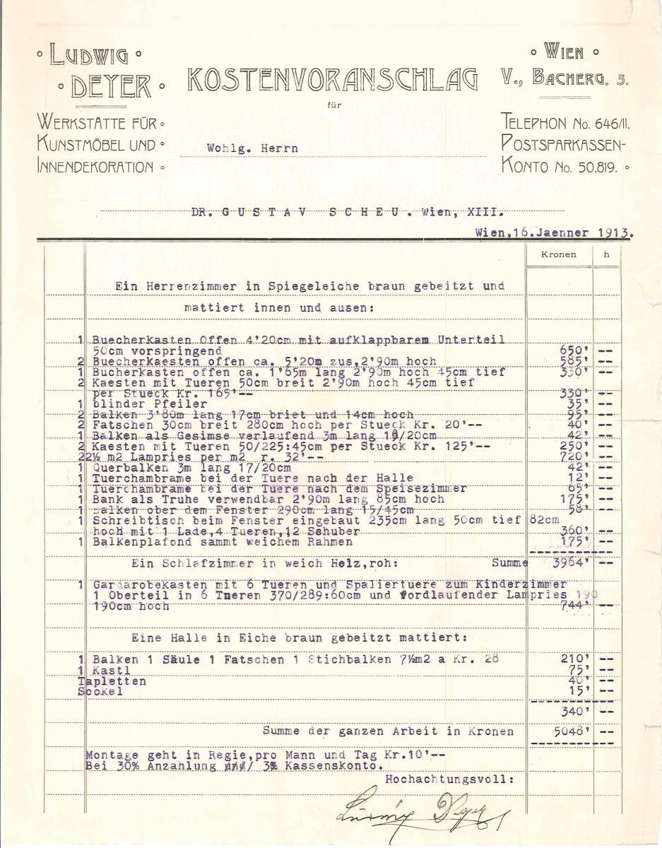 Kostenvoranschlag von Ludwig Deyer, Werkstätte für Kunstmöbel und Innendekoration, Wien V., Bac…
