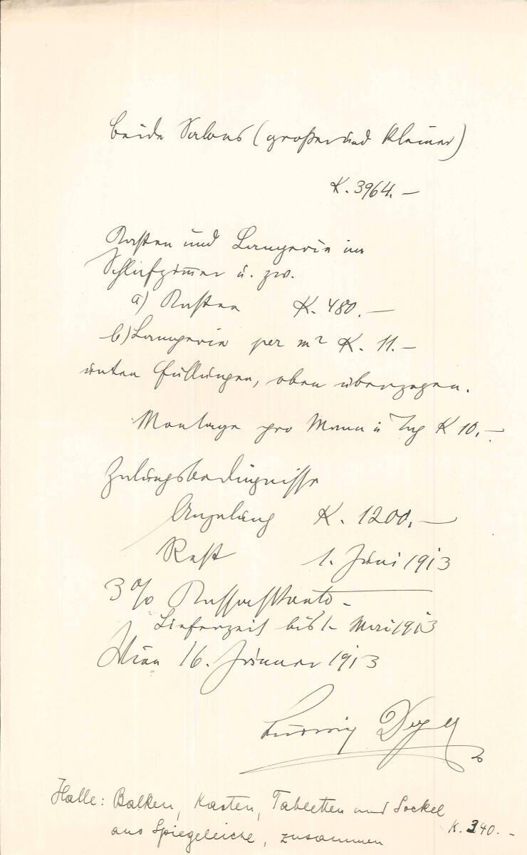 Rechnung von Ludwig Deyer, Werkstätte für Kunstmöbel und Innendekoration, Wien V., Bachergasse …