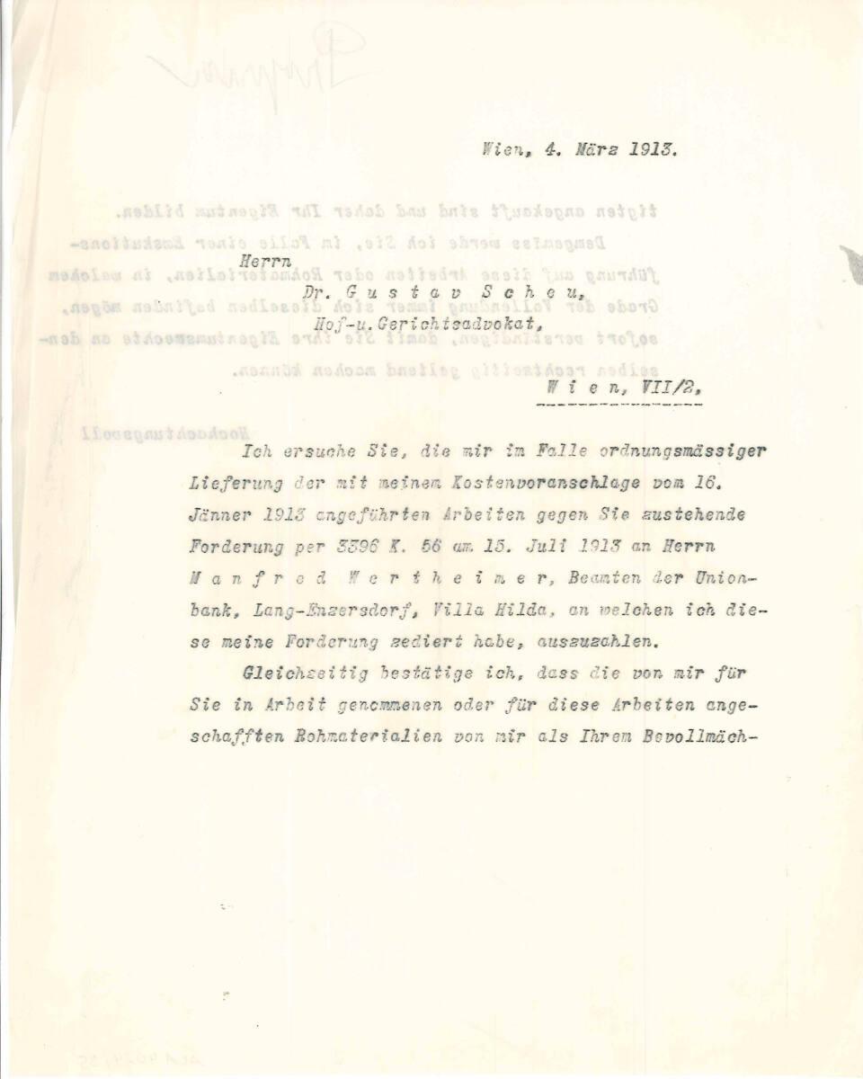 Brief von Ludwig Deyer, Werkstätte für Kunstmöbel und Innendekoration, an Gustav Scheu, betreff…