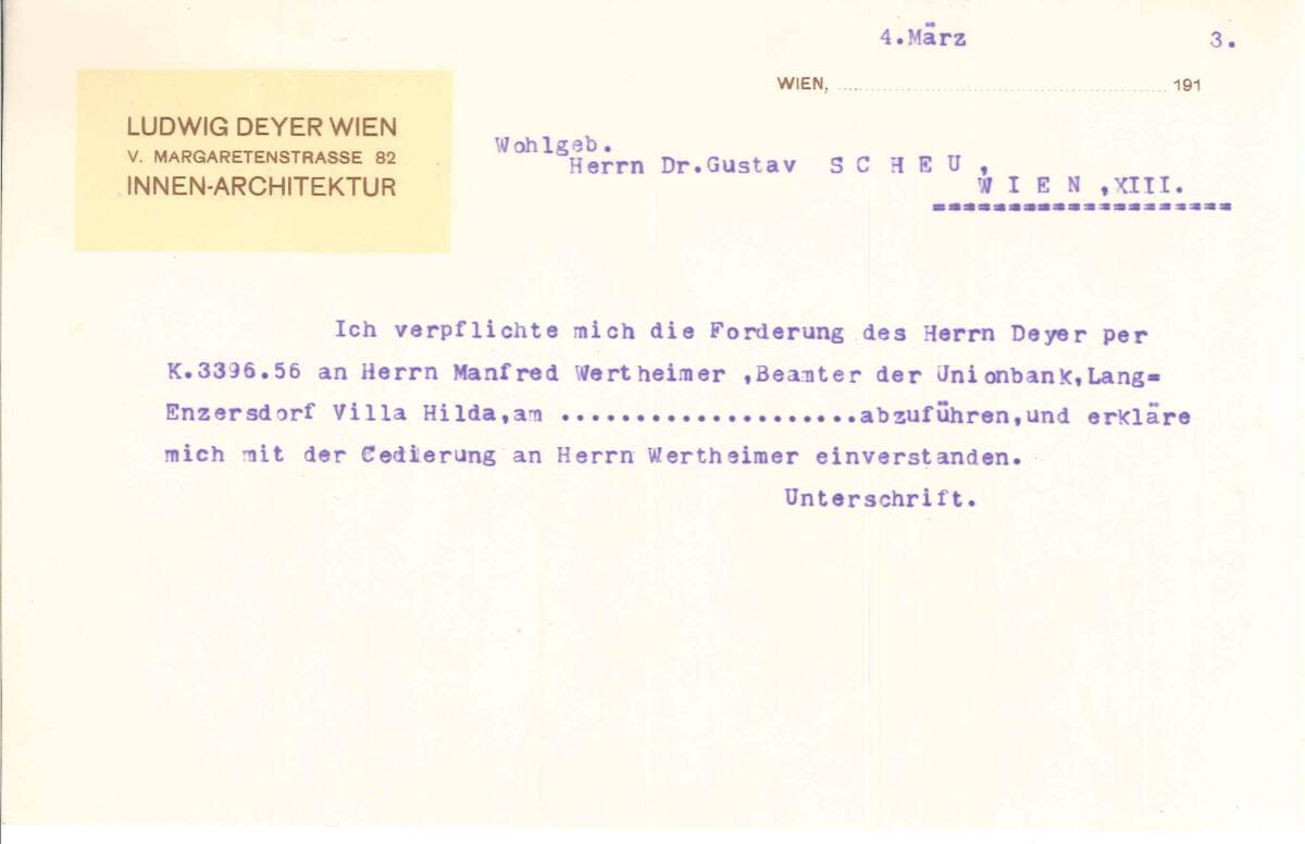 Brief von Ludwig Deyer, Werkstätte für Kunstmöbel und Innendekoration, an Gustav Scheu, betreff…