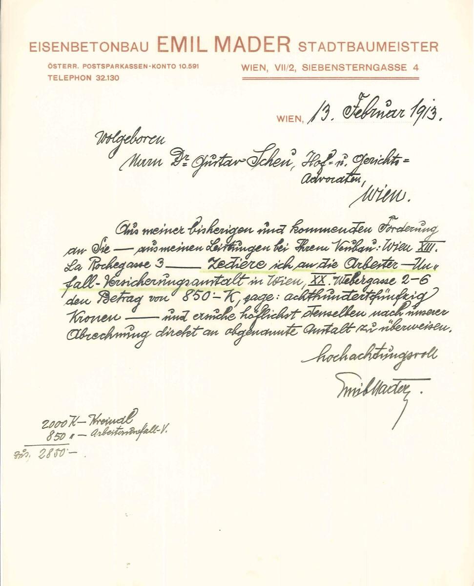 Brief von Stadtbaumeister Emil Mader, Wien VII., Siebensterngasse 4, an Gustav Scheu, betreffen…