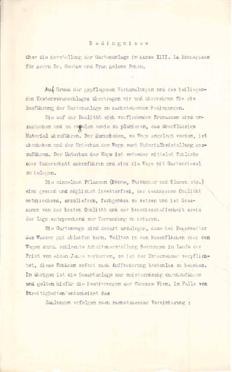 "Bedingnisse" von Hermann Ginzely, Wien XVII., Gürtel 41, über die Herstellung einer Gartenanla…