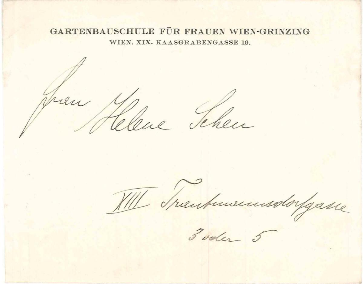 Geschäftskarte der Gartenbauschule für Frauen Wien-Grinzing, Wien XIX., Kaasgrabengasse 19, von…