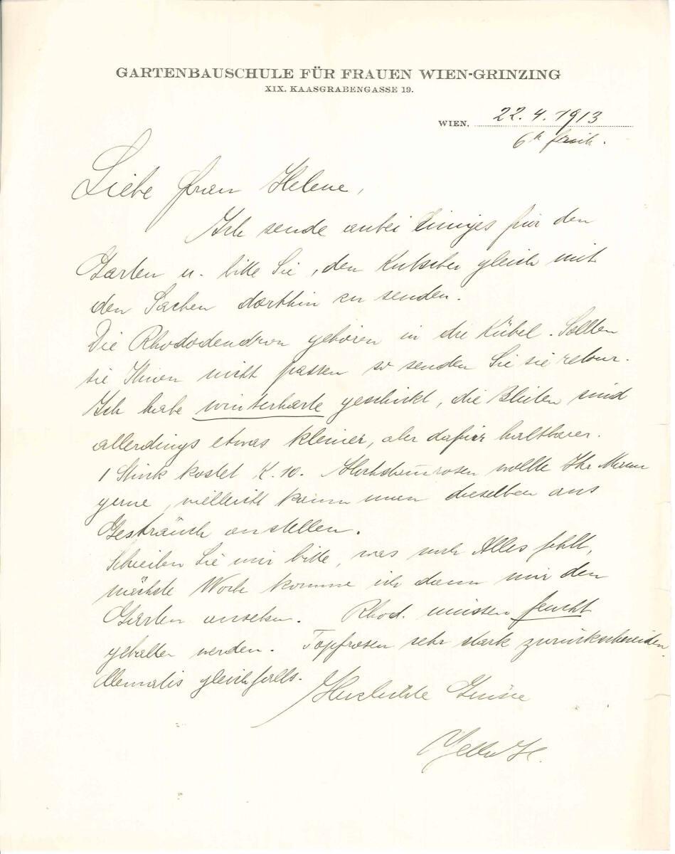 Brief von Yella Hertzka, Gartenbauschule für Frauen Wien-Grinzing, Wien XIX., Kaasgrabengasse 1…