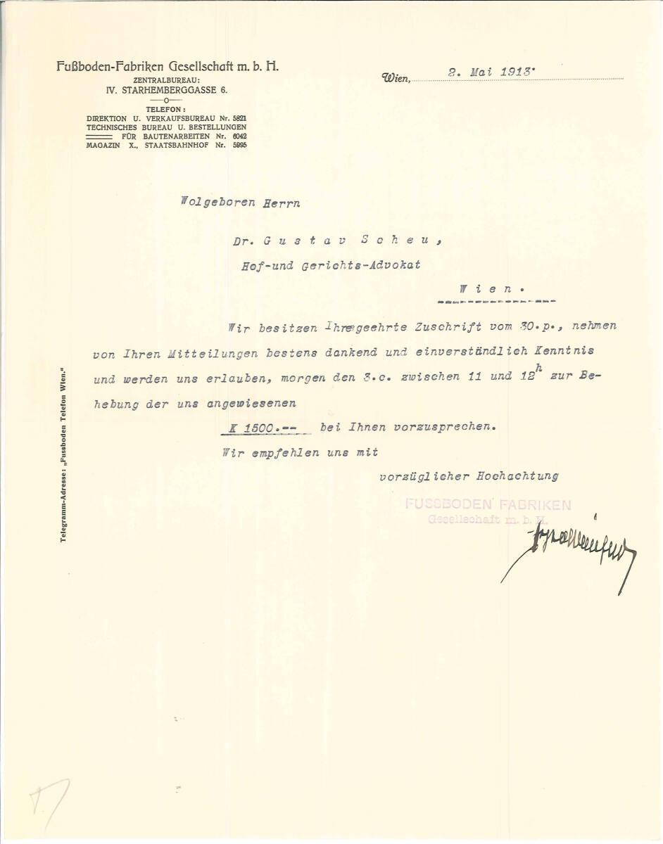 Brief der Fußboden-Fabriken Gesellschaft m. b. H., Wien IV., Starhemberggasse 6, an Gustav Sche…