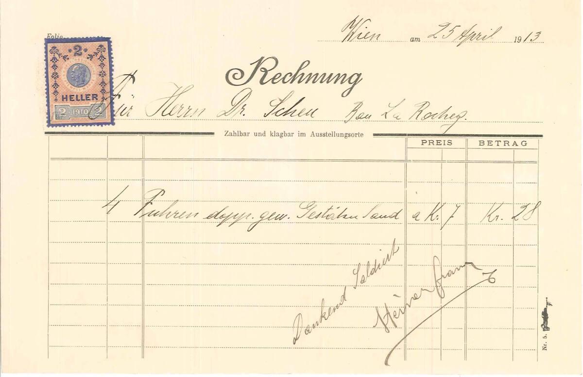 Rechnung von Franz Steiner, Fuhrwerker, für Gustav Scheu, betreffend Haus Scheu, Inv. Nr.: ALA4…