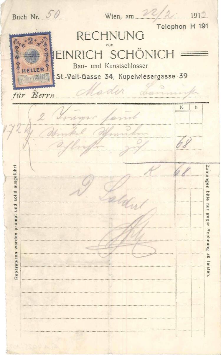 Rechnung von Bau- und Kunstschlosser Heinrich Schönich, Wien XIII., St.-Veit-Gasse 34 und Kupel…
