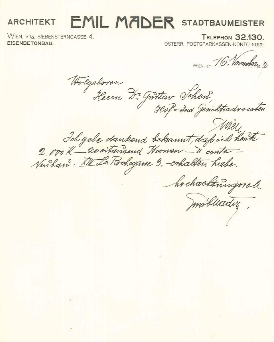 Zahlungsbestätigung von Emil Mader, Stadtbaumeister, Spezialgeschäft für Schornsteinbau, Keller…