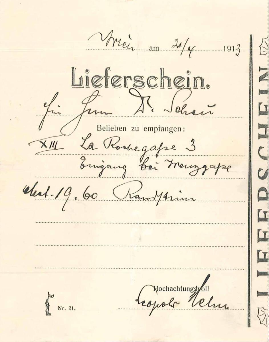 Lieferschein von Leopold [unleserlich] an Gustav Scheu, betreffend Haus Scheu, Inv. Nr.: ALA402…