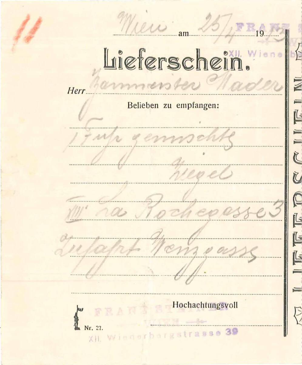 Lieferschein von Franz [unleserlich], Wien XII., Wienerbergstraße 39, an Baumeister Mader, betr…