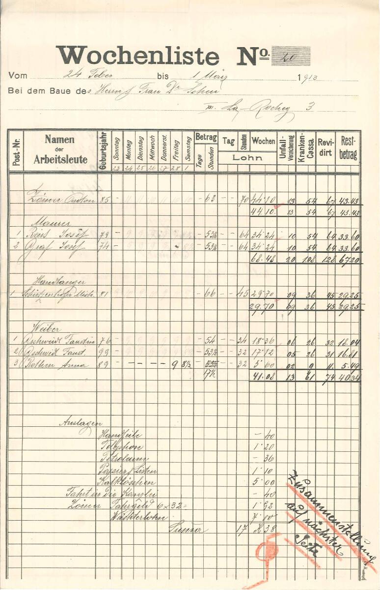 Wochenliste Nr. 20 von Emil Mader, Stadtbaumeister, Spezialgeschäft für Schornsteinbau, Kellere…