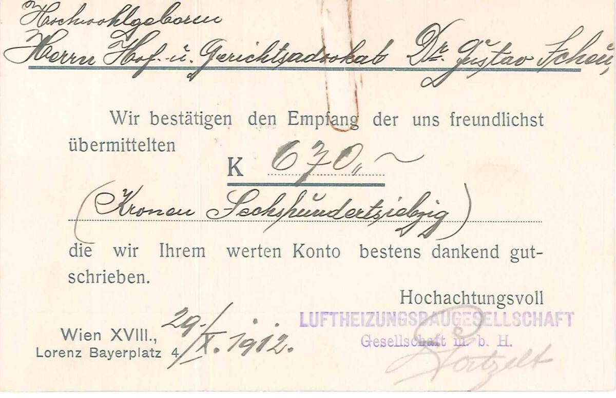 Empfangsbestätigung der Luftheizungsbaugesellschaft m. b. H., Wien XVIII., Lorenz Bayerplatz 4,…