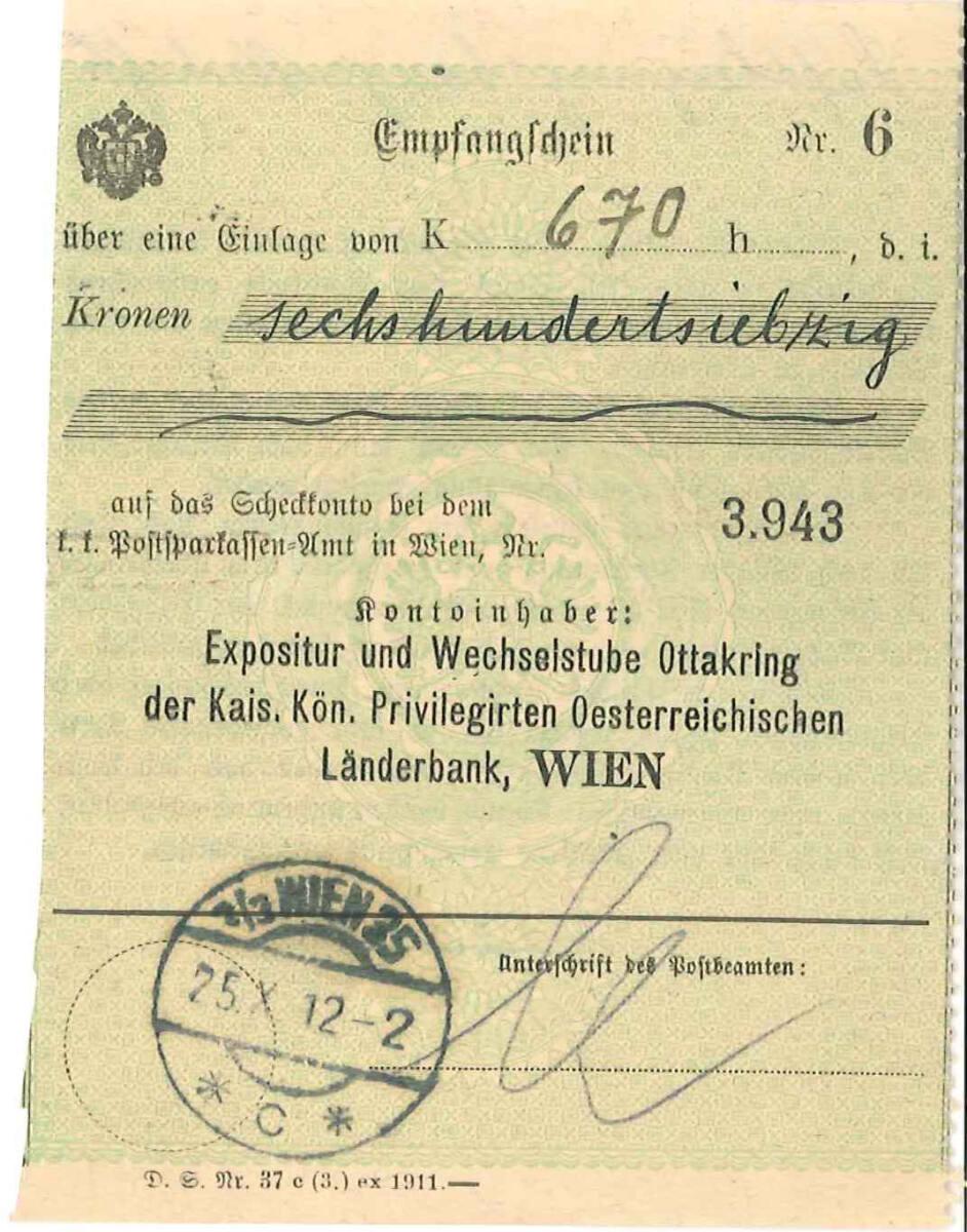 Empfangsbestätigung der Luftheizungsbaugesellschaft m. b. H., Wien XVII., Lorenz Bayerplatz 4, …
