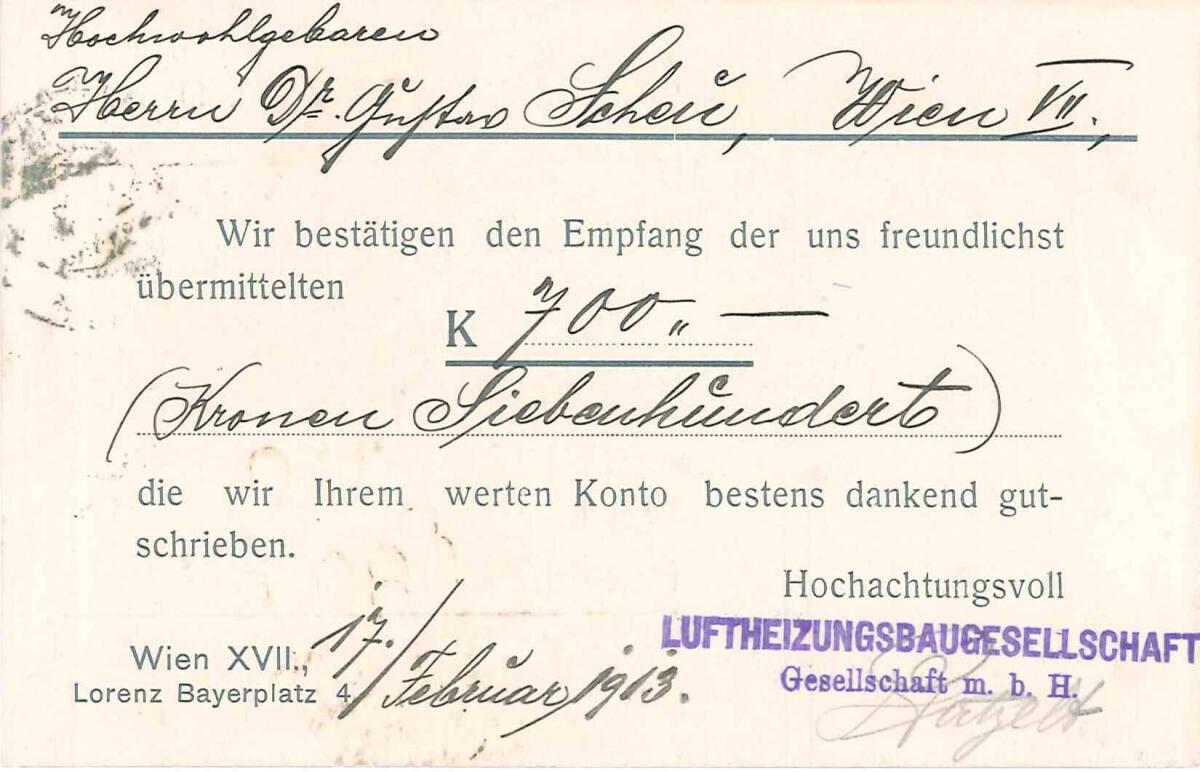 Empfangsbestätigung der Luftheizungsbaugesellschaft m. b. H., Wien XVII., Lorenz Bayerplatz 4, …