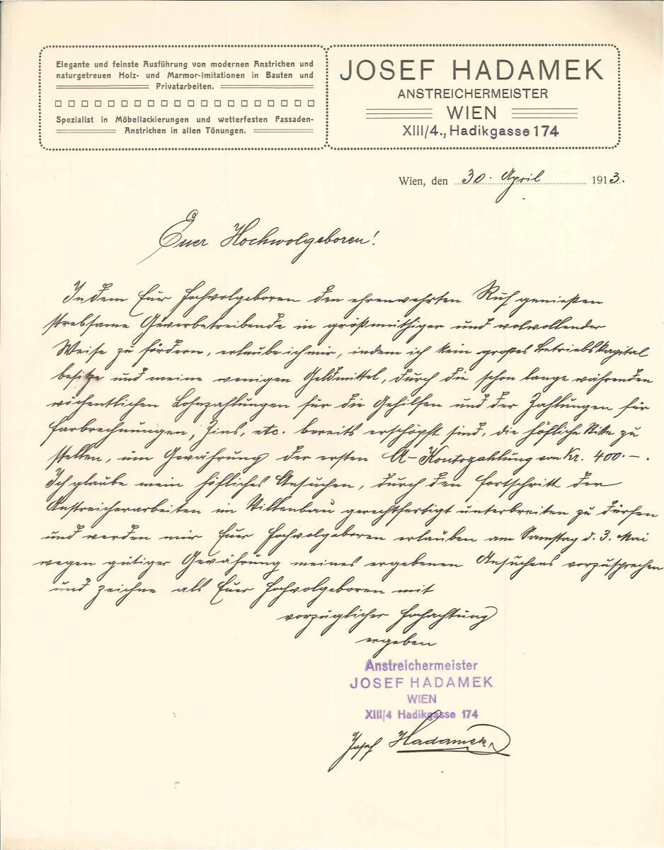Brief von Anstreichmeister Josef Hadamek, Wien XIII., Hadikgasse 174, an Gustav Scheu, betreffe…