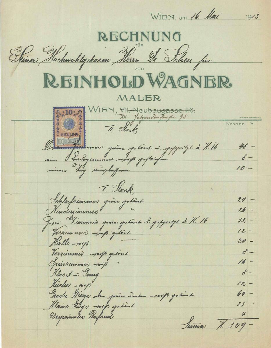 Rechnung von Maler Reinhold Wagner, Wien XII., für Gustav Scheu, betreffend Haus Scheu, Inv. Nr…