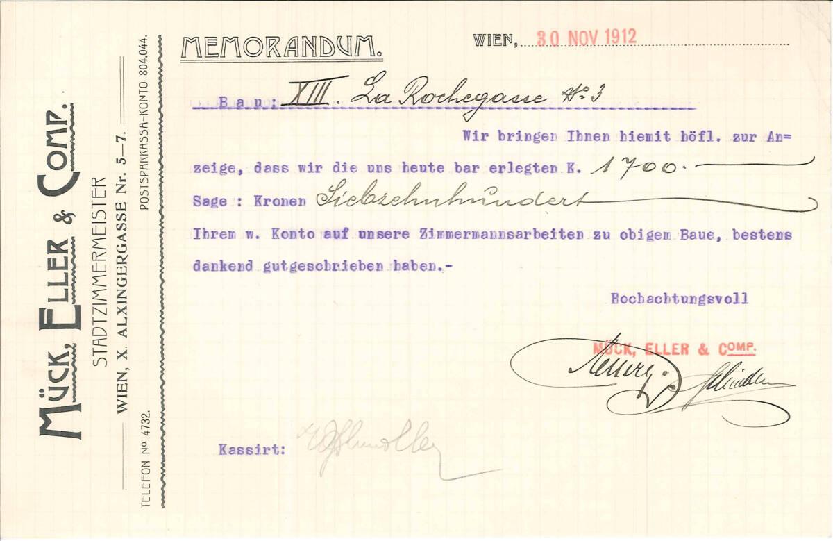 Memorandum der Firma Mück, Eller & Comp., Zimmereibetrieb, Wien X., Alxingergasse 5-7, betreffe…