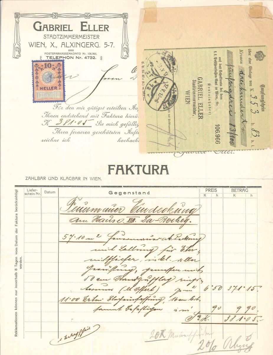 Faktura von Stadtzimmermeister Gabriel Eller, Wien X., Alxingergasse 5-7, für Gustav Scheu, bet…