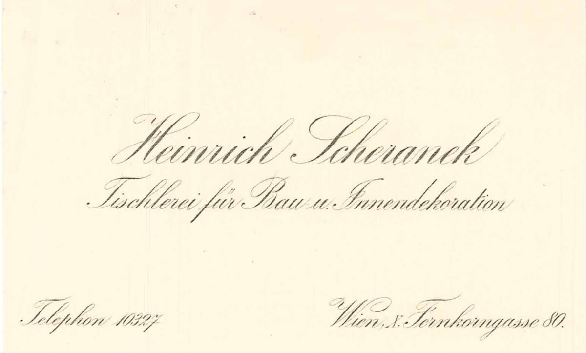 Visitenkarte von Heinrich Schranek, Tischlerei für Bau- und Innendekoration, Wien X., Fernkorng…
