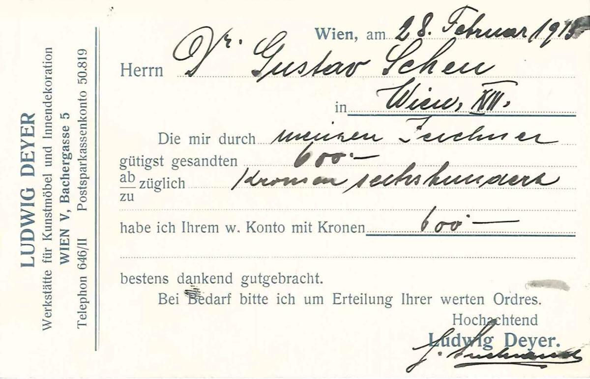 Zahlungsgutschrift von Ludwig Deyer, Werkstätte für Kunstmöbel und Innendekoration, Wien V., Ba…