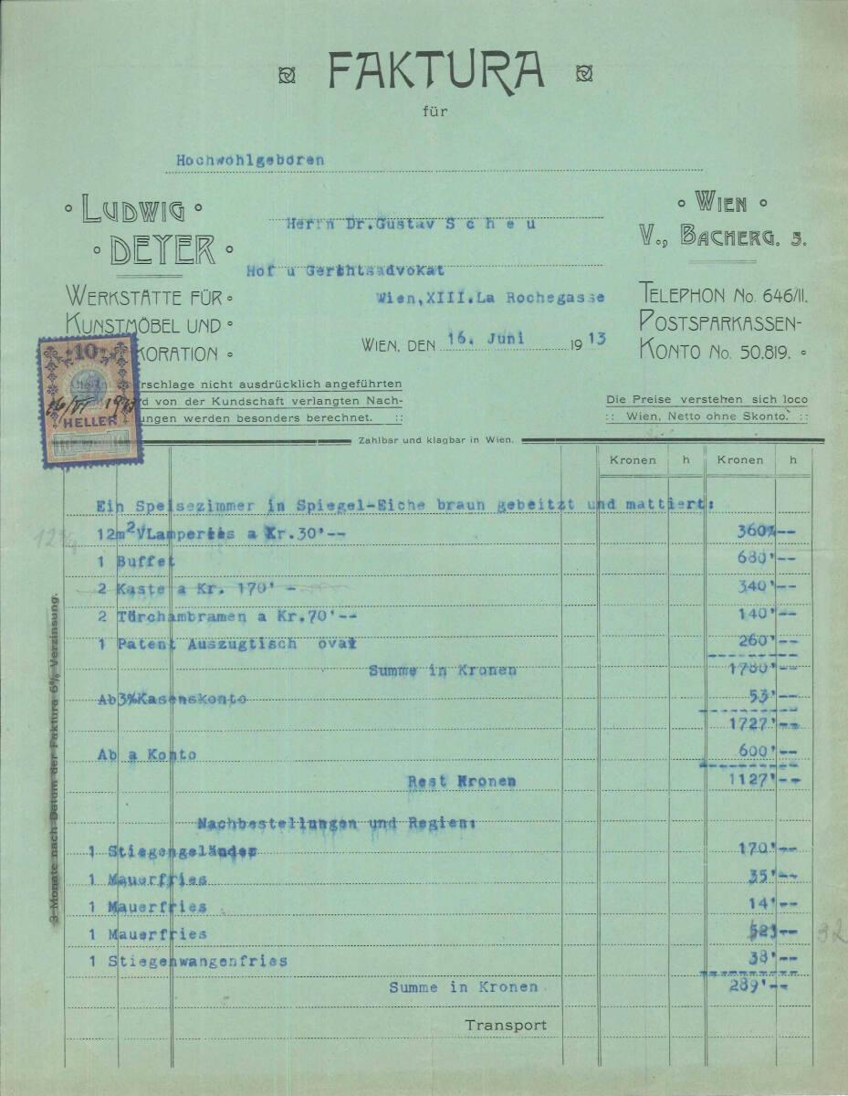 Faktura von Ludwig Deyer, Werkstätte für Kunstmöbel und Innendekoration, Wien V., Bachergasse 5…