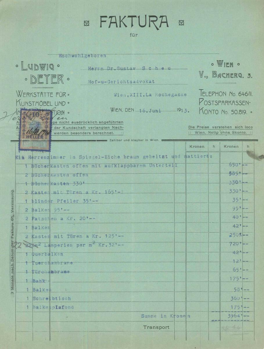 Faktura von Ludwig Deyer, Werkstätte für Kunstmöbel und Innendekoration, Wien V., Bachergasse 5…