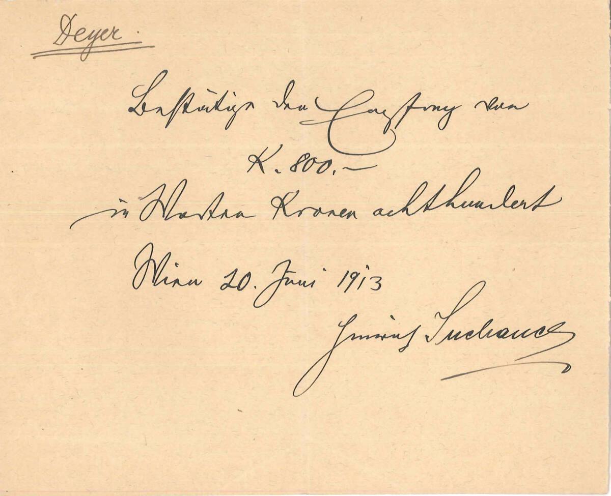 Empfangsbestätigung von Ludwig Deyer, Werkstätte für Kunstmöbel und Innendekoration, Wien V., B…