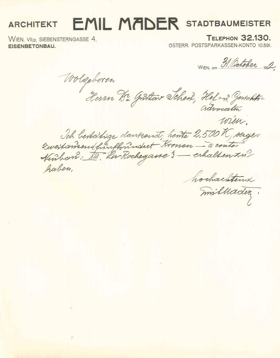 Zahlungsbestätigung von Emil Mader, Stadtbaumeister, Spezialgeschäft für Schornsteinbau, Keller…